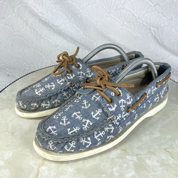 Sperry Top Sider Shoes Womens Size 6 Blue Canvas Blue Anchor Nautical Loafers - Picture 4 of 11